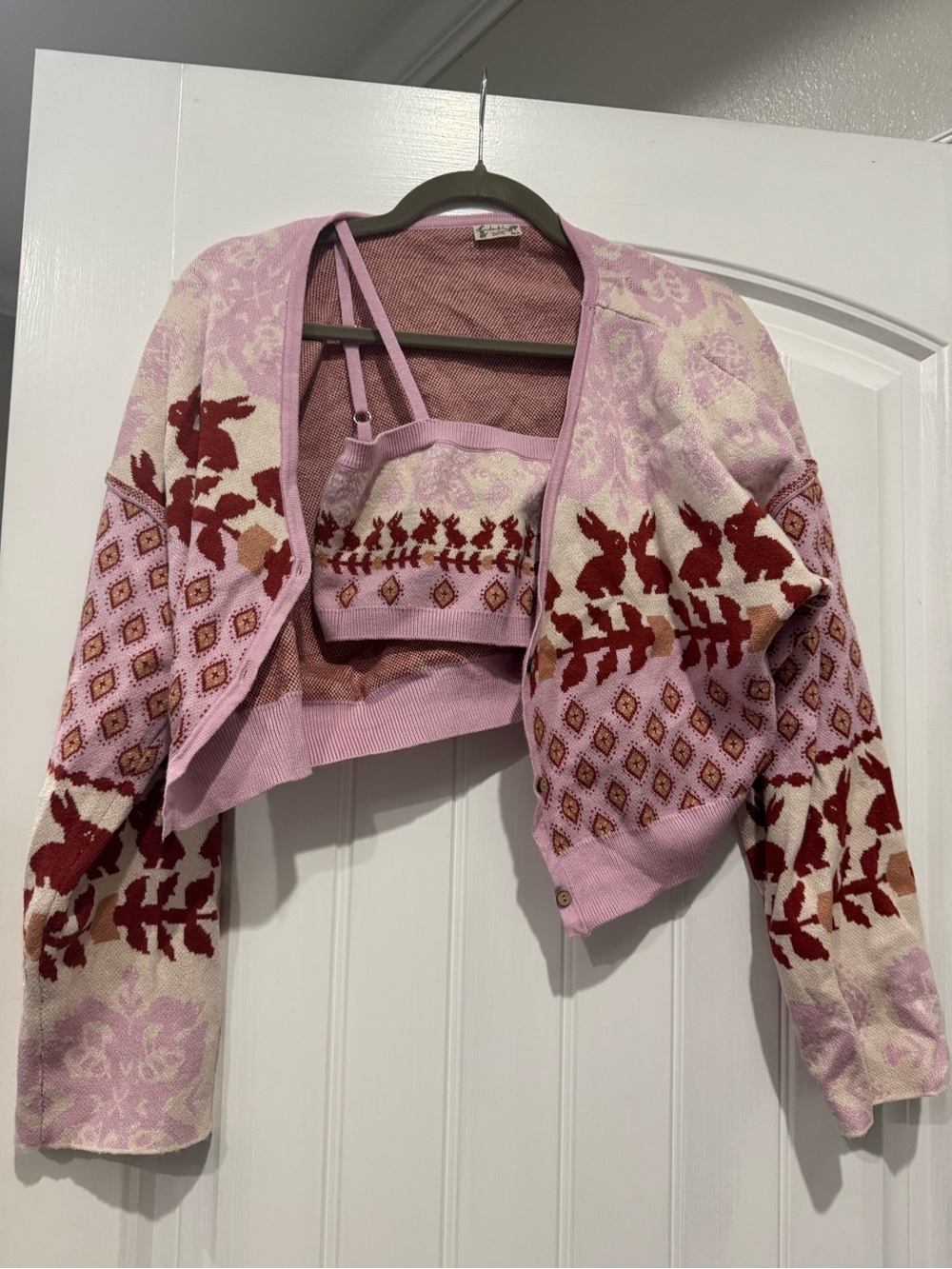 Free People Pink & Red Patterned Knit Cardigan with Matching Crop Top
